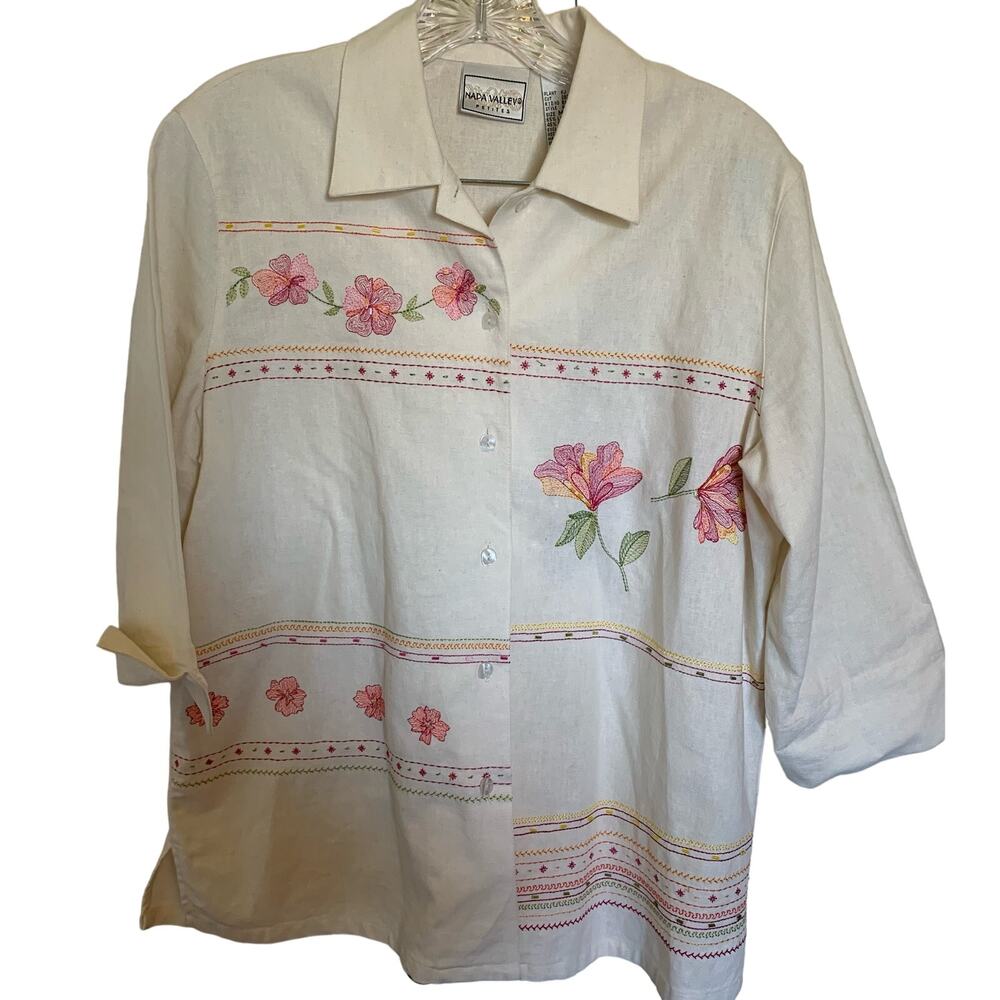 Napa Valley Petites linen blend size Medium embroidery and beaded blouse